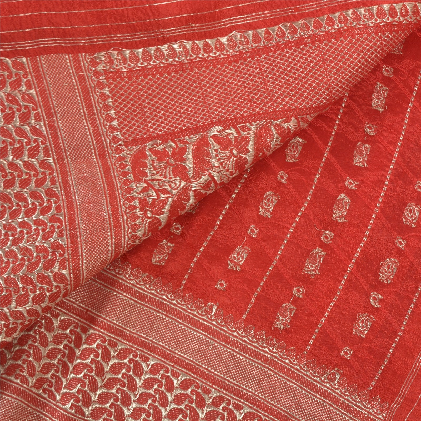 Sanskriti Vintage Red Sarees Pure Satin Zari Woven Brocade Banarasi Sari Fabric