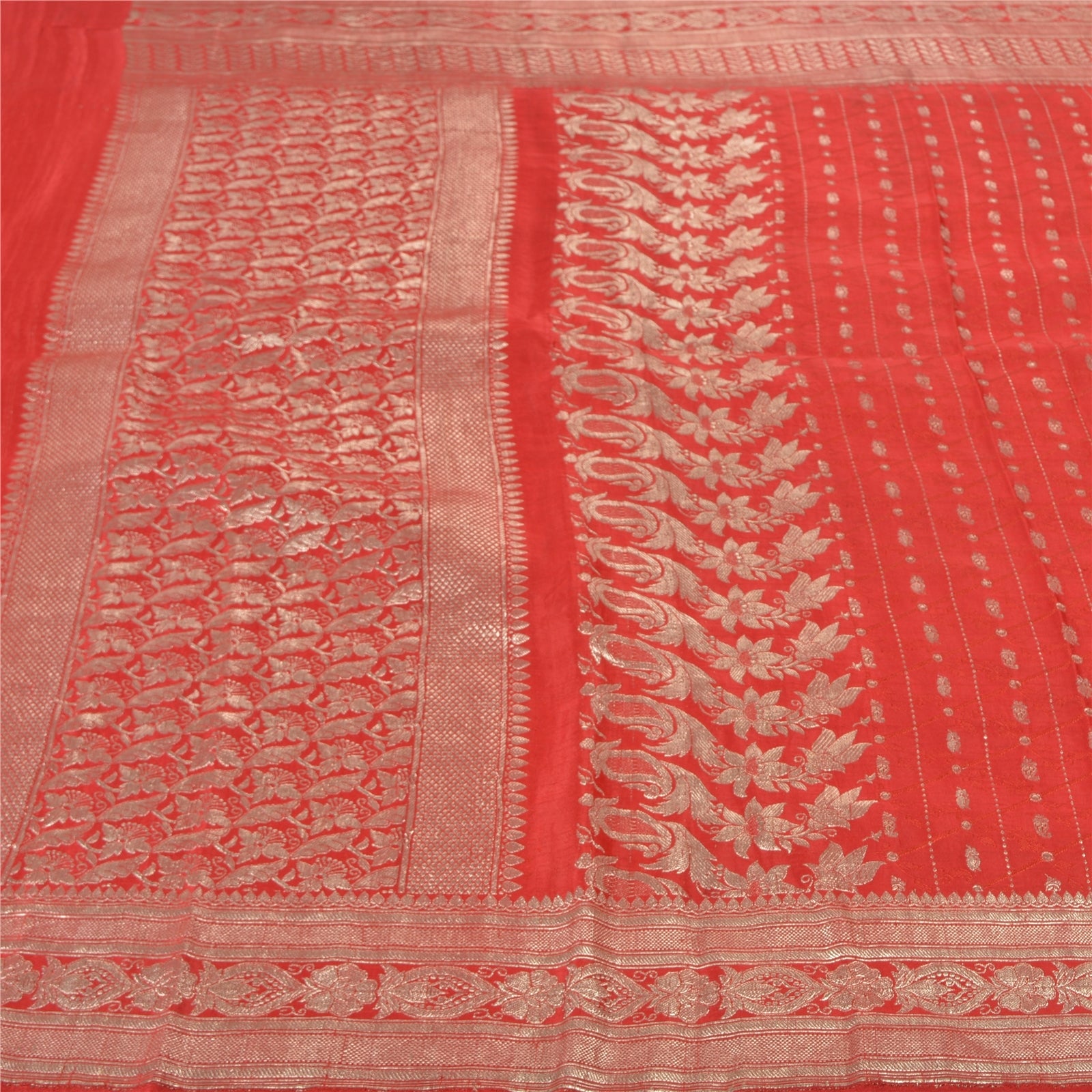 Sanskriti Vintage Red Sarees Pure Satin Zari Woven Brocade Banarasi Sari Fabric