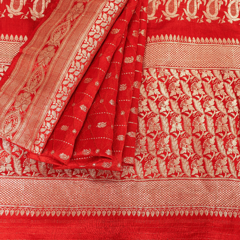 Sanskriti Vintage Red Sarees Pure Satin Zari Woven Brocade Banarasi Sari Fabric