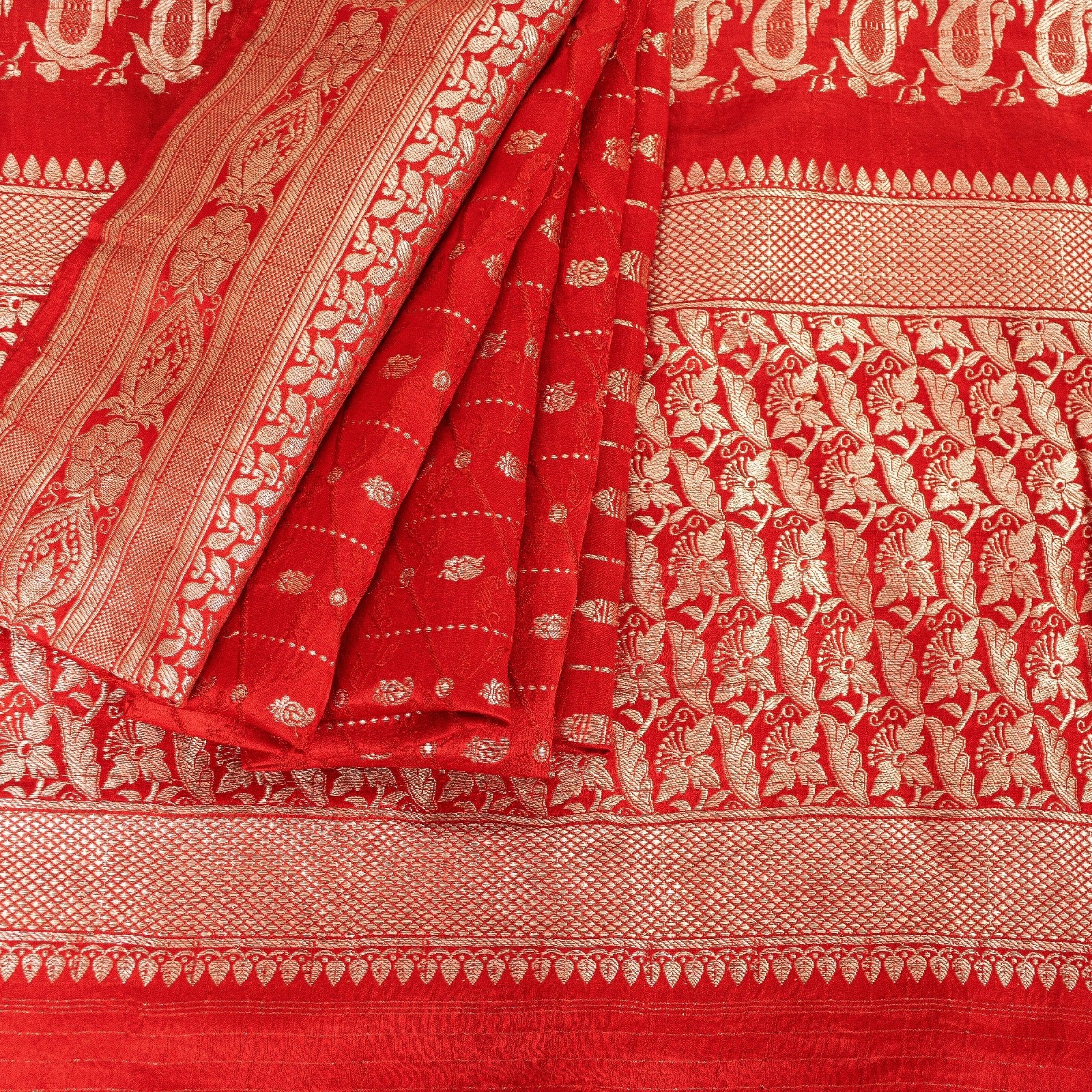 Sanskriti Vintage Red Sarees Pure Satin Zari Woven Brocade Banarasi Sari Fabric