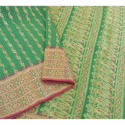 Sanskriti Vintage Green Sarees Blend Silk Brocade Banarasi Hand Woven 5 Yd Sari