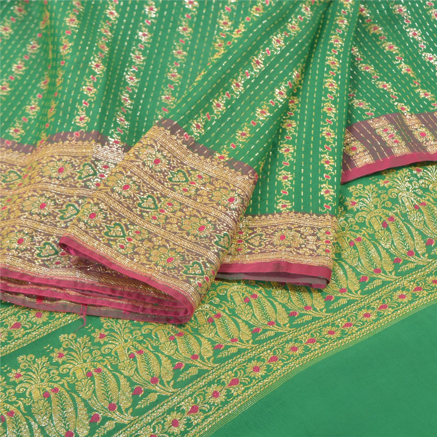 Sanskriti Vintage Green Sarees Blend Silk Brocade Banarasi Hand Woven 5 Yd Sari