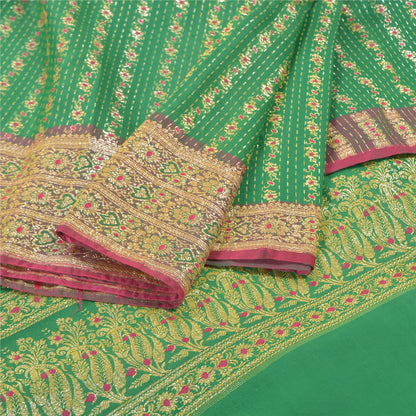 Sanskriti Vintage Green Sarees Blend Silk Brocade Banarasi Hand Woven 5 Yd Sari