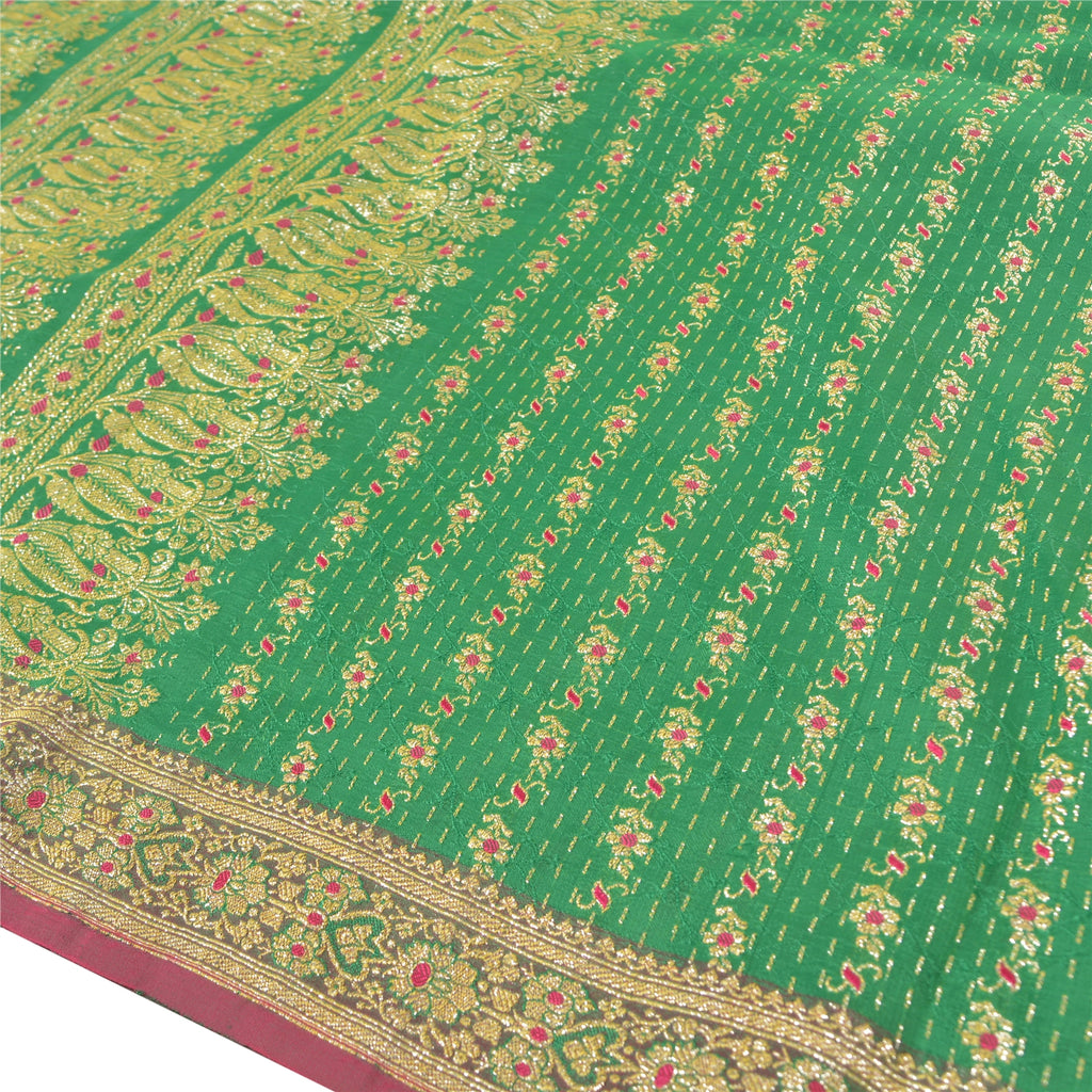 Sanskriti Vintage Green Sarees Blend Silk Brocade Banarasi Hand Woven 5 Yd Sari