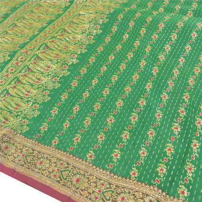 Sanskriti Vintage Green Sarees Blend Silk Brocade Banarasi Hand Woven 5 Yd Sari