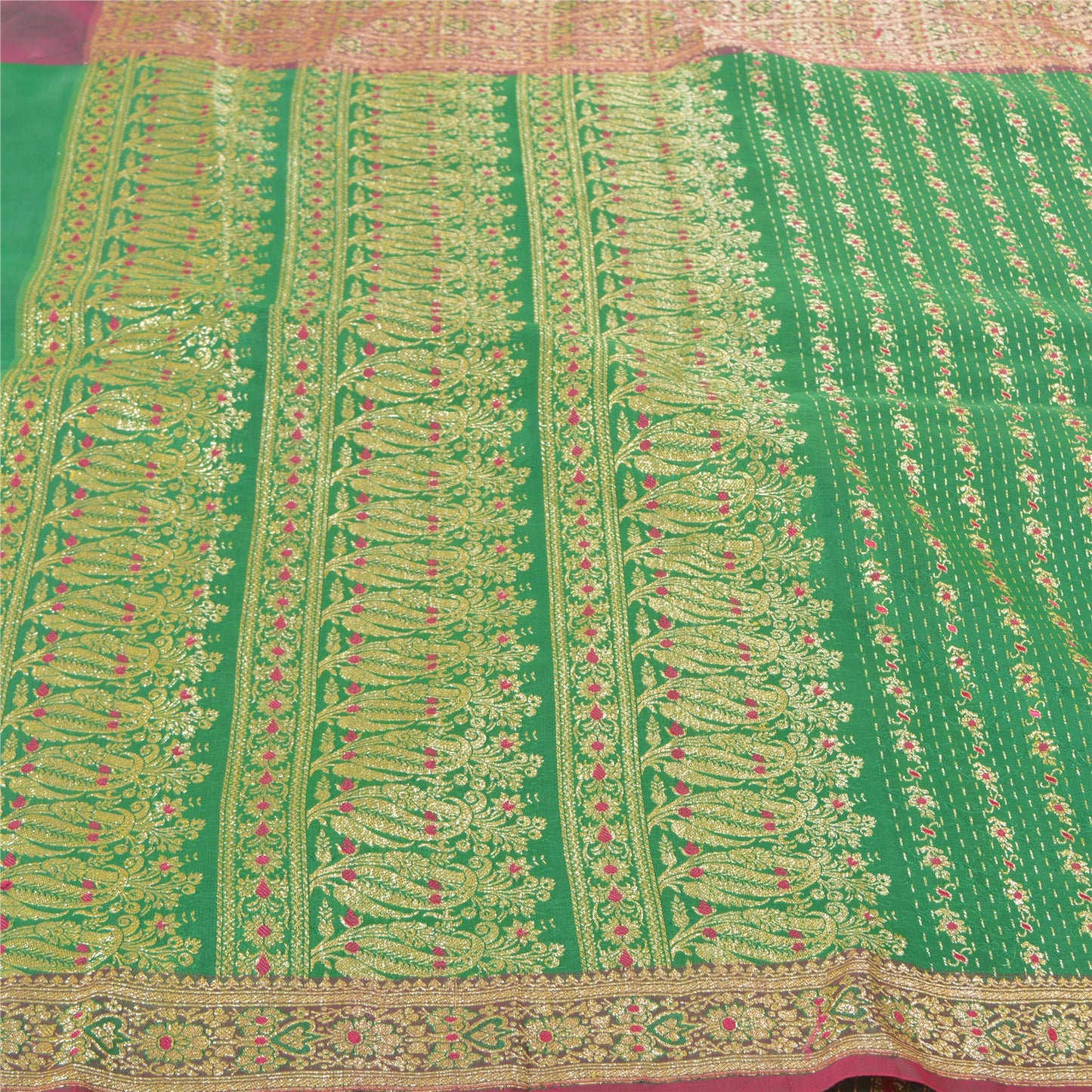 Sanskriti Vintage Green Sarees Blend Silk Brocade Banarasi Hand Woven 5 Yd Sari