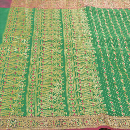 Sanskriti Vintage Green Sarees Blend Silk Brocade Banarasi Hand Woven 5 Yd Sari
