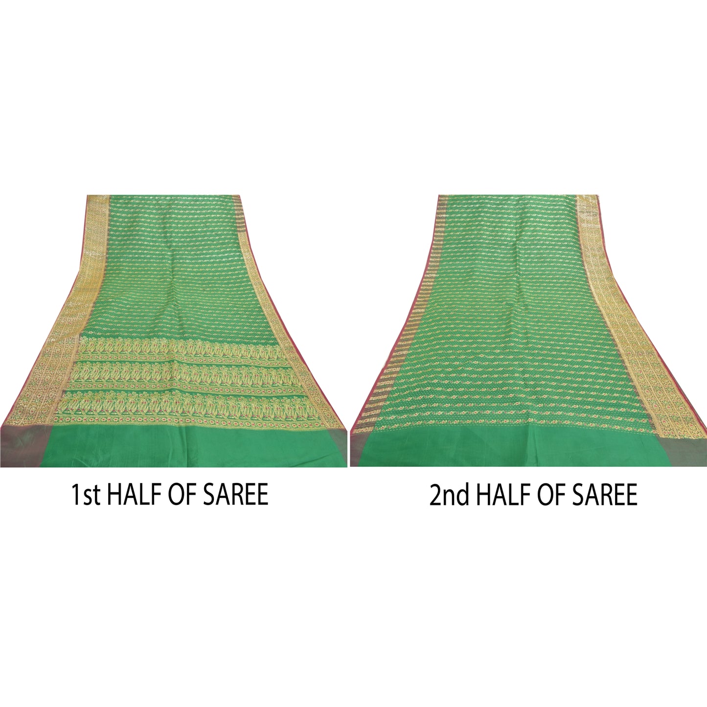 Sanskriti Vintage Green Sarees Blend Silk Brocade Banarasi Hand Woven 5 Yd Sari