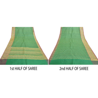 Sanskriti Vintage Green Sarees Blend Silk Brocade Banarasi Hand Woven 5 Yd Sari