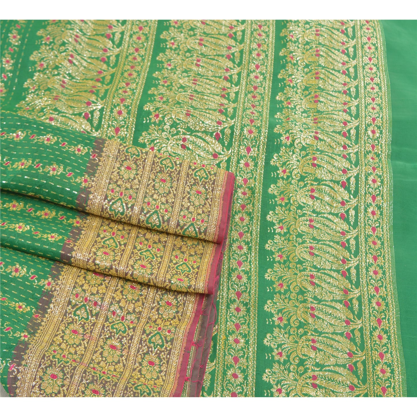 Sanskriti Vintage Green Sarees Blend Silk Brocade Banarasi Hand Woven 5 Yd Sari