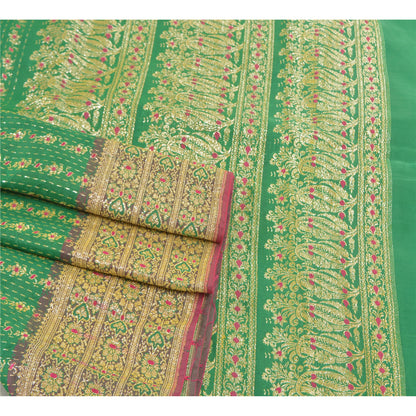 Sanskriti Vintage Green Sarees Blend Silk Brocade Banarasi Hand Woven 5 Yd Sari