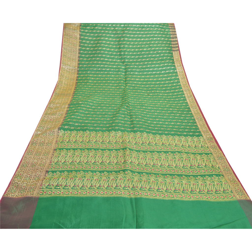 Sanskriti Vintage Green Sarees Blend Silk Brocade Banarasi Hand Woven 5 Yd Sari