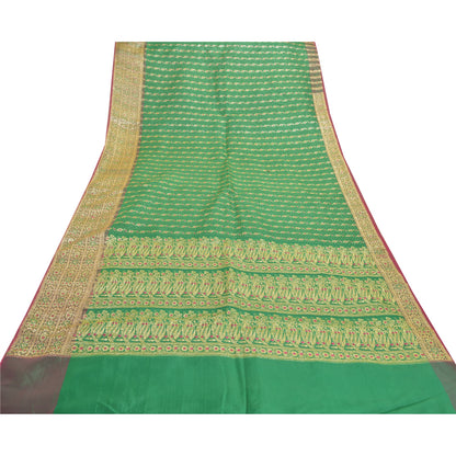 Sanskriti Vintage Green Sarees Blend Silk Brocade Banarasi Hand Woven 5 Yd Sari