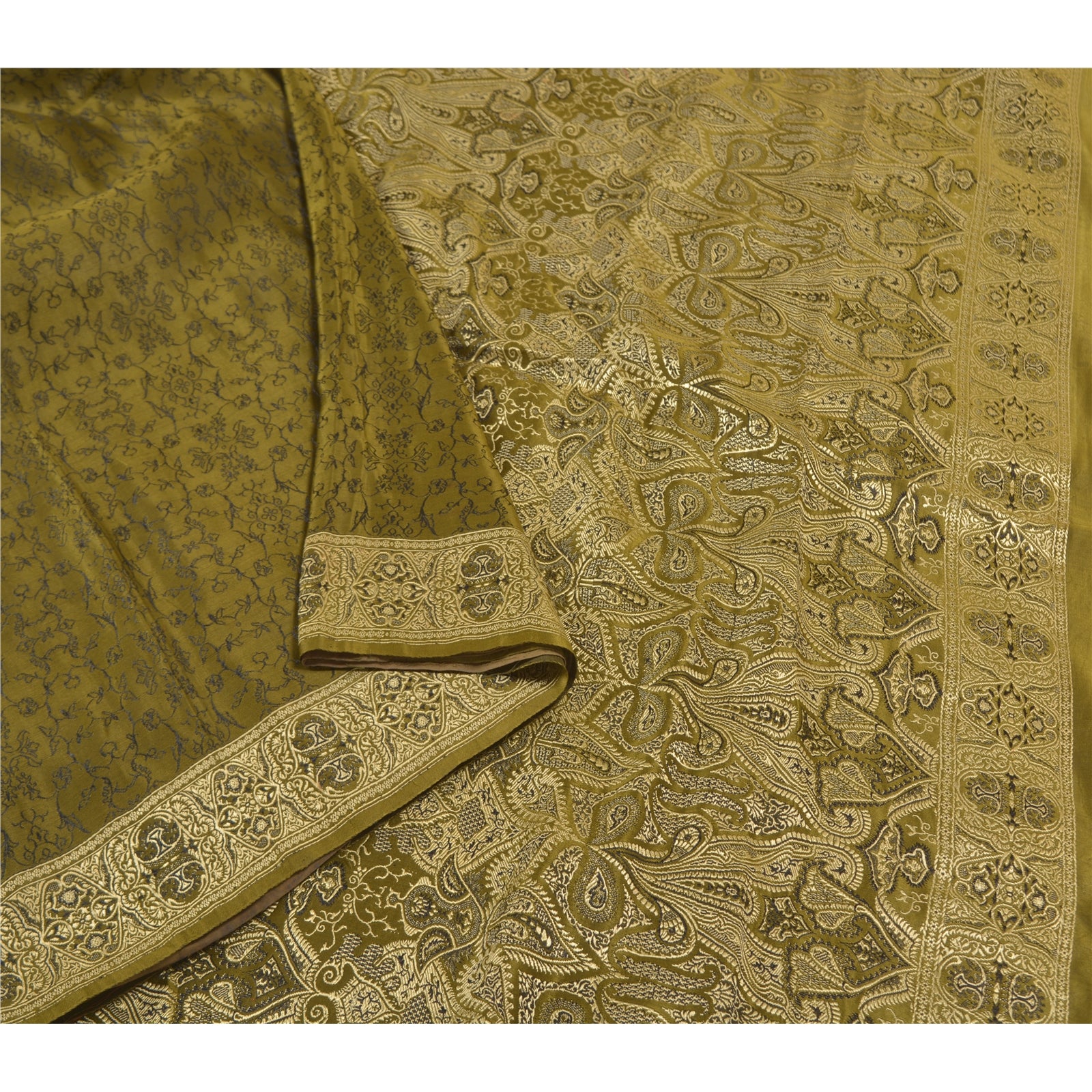 Sanskriti Vintage Green Sarees Pure Satin Silk Hand-Woven Special Sari Fabric