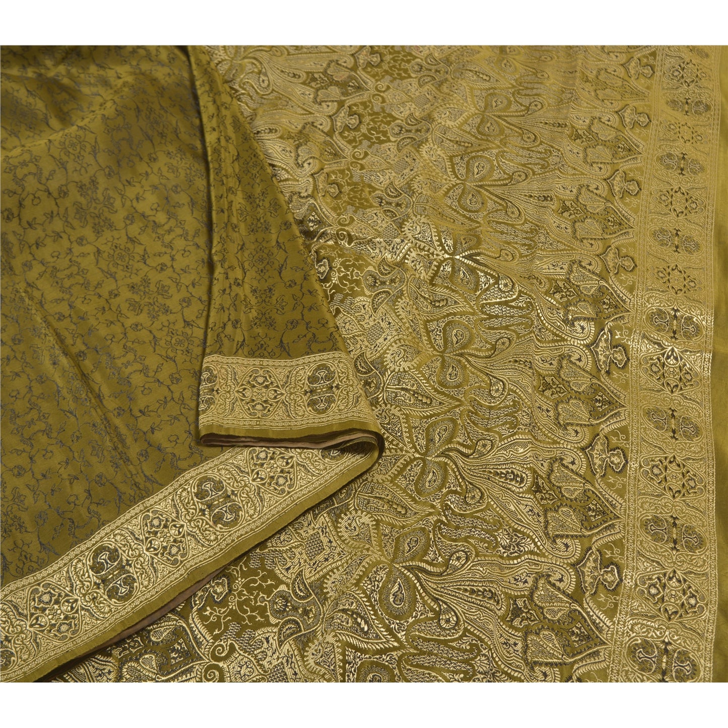 Sanskriti Vintage Green Sarees Pure Satin Silk Hand-Woven Special Sari Fabric