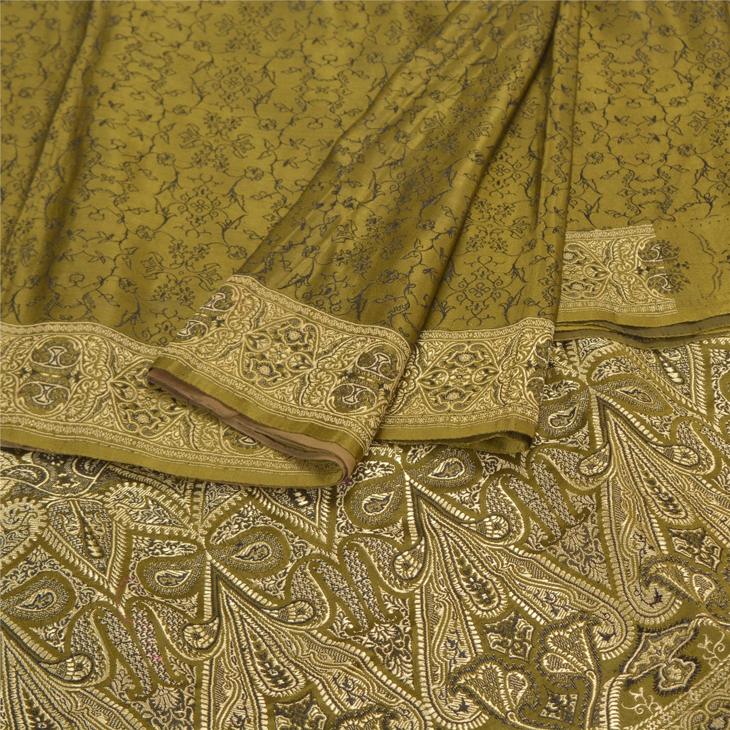 Sanskriti Vintage Green Sarees Pure Satin Silk Hand-Woven Special Sari Fabric