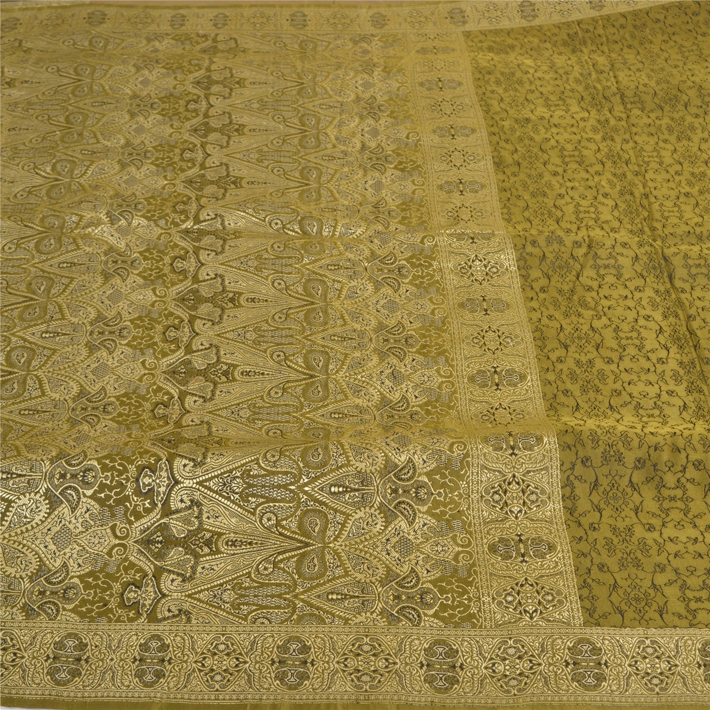 Sanskriti Vintage Green Sarees Pure Satin Silk Hand-Woven Special Sari Fabric