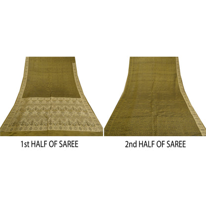 Sanskriti Vintage Green Sarees Pure Satin Silk Hand-Woven Special Sari Fabric