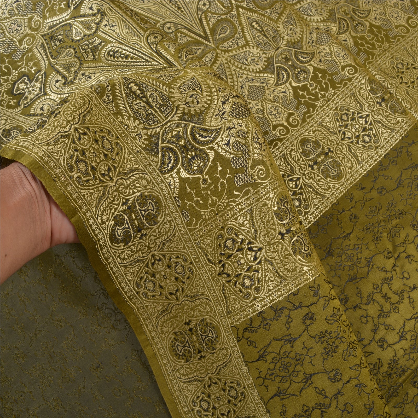 Sanskriti Vintage Green Sarees Pure Satin Silk Hand-Woven Special Sari Fabric