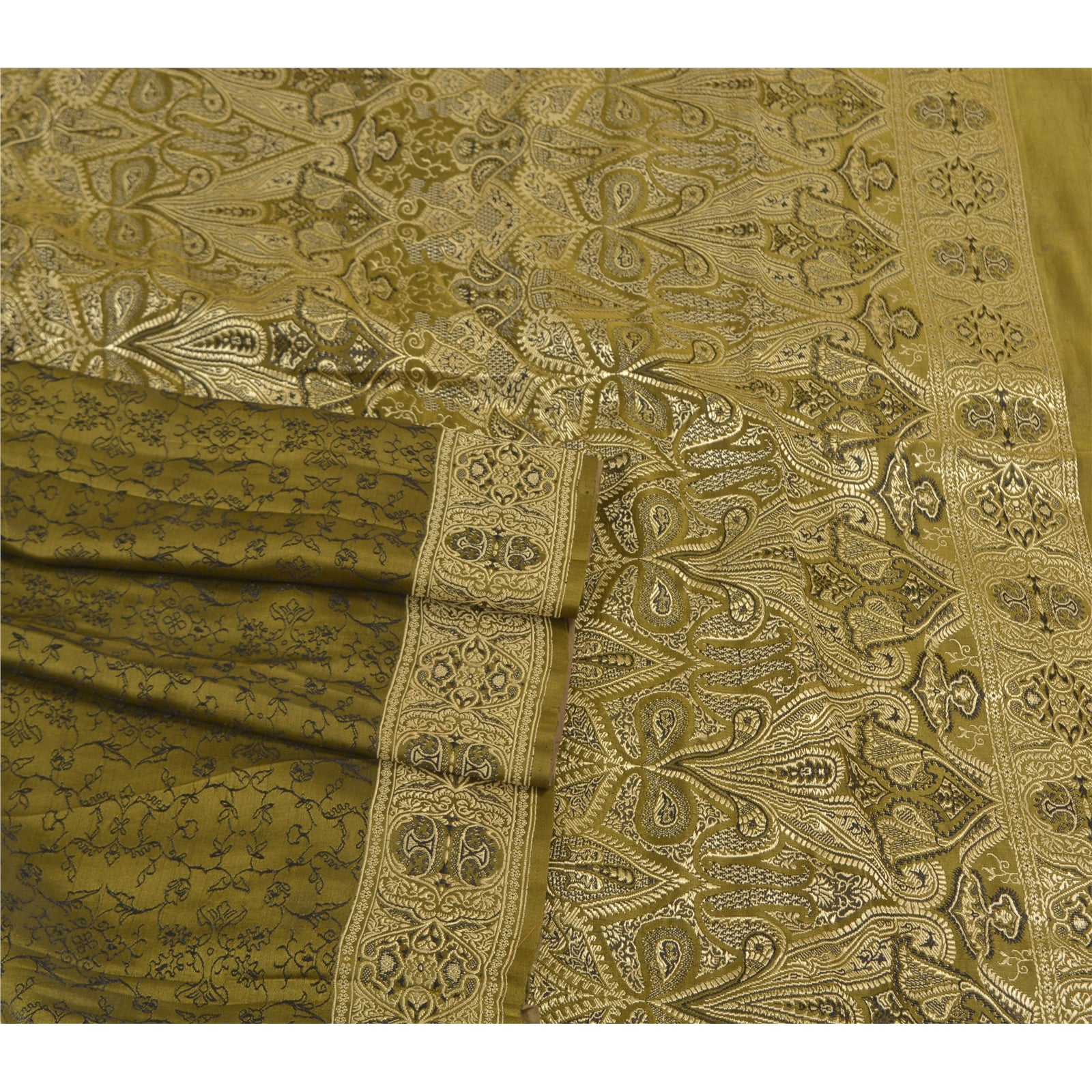 Sanskriti Vintage Green Sarees Pure Satin Silk Hand-Woven Special Sari Fabric