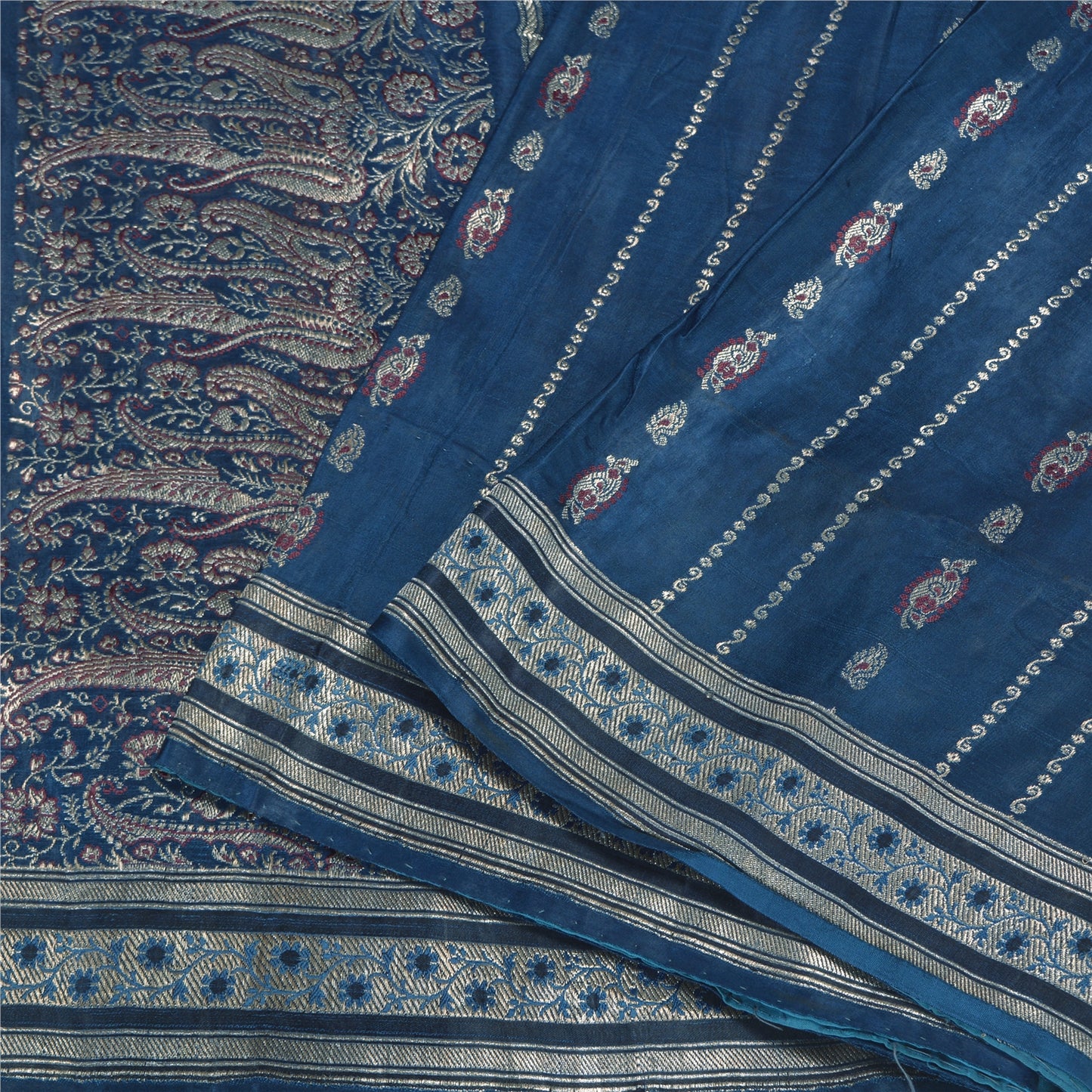 Sanskriti Vintage Teal Sarees Pure Satin Silk Woven Brocade/Banarasi Sari Fabric