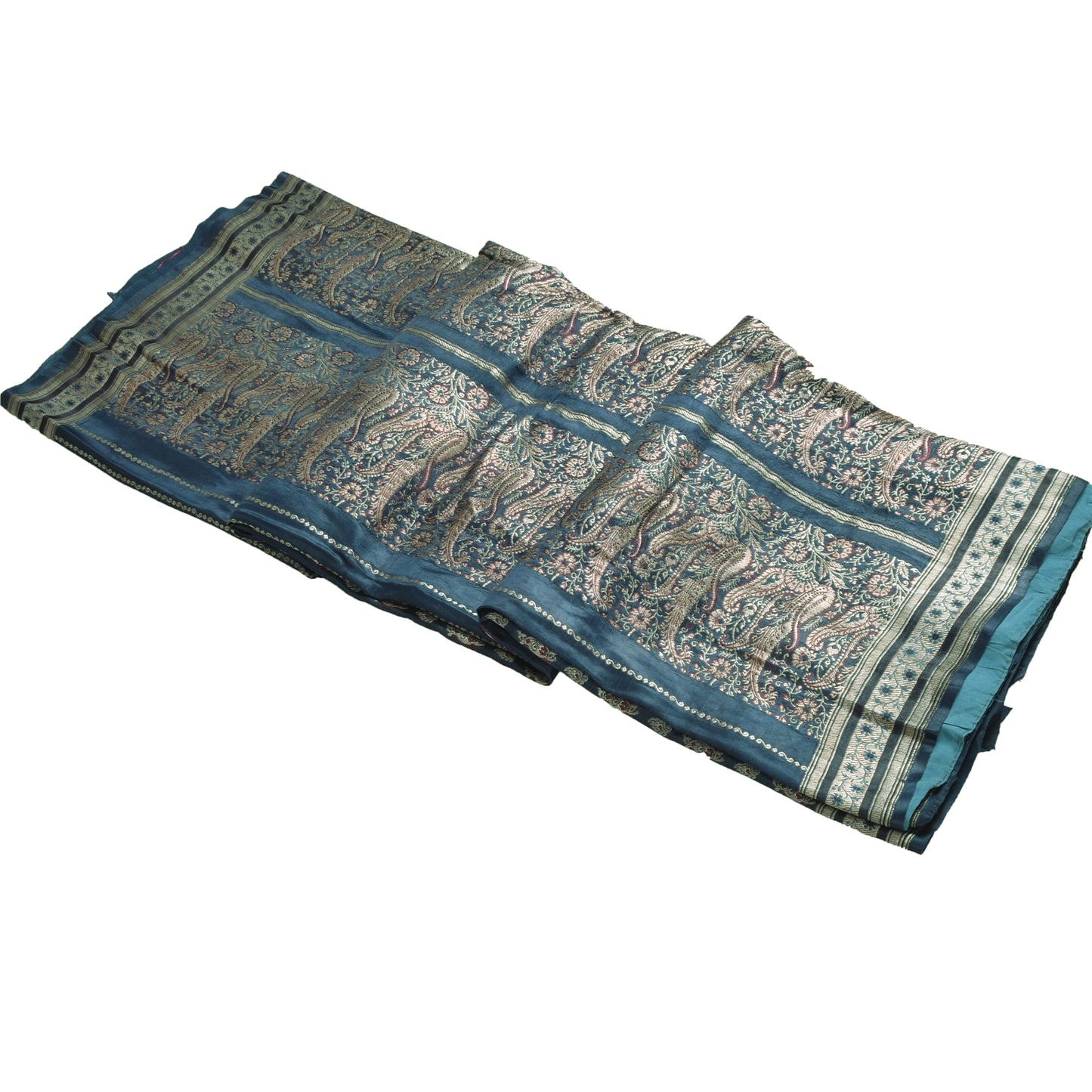 Sanskriti Vintage Teal Sarees Pure Satin Silk Woven Brocade/Banarasi Sari Fabric