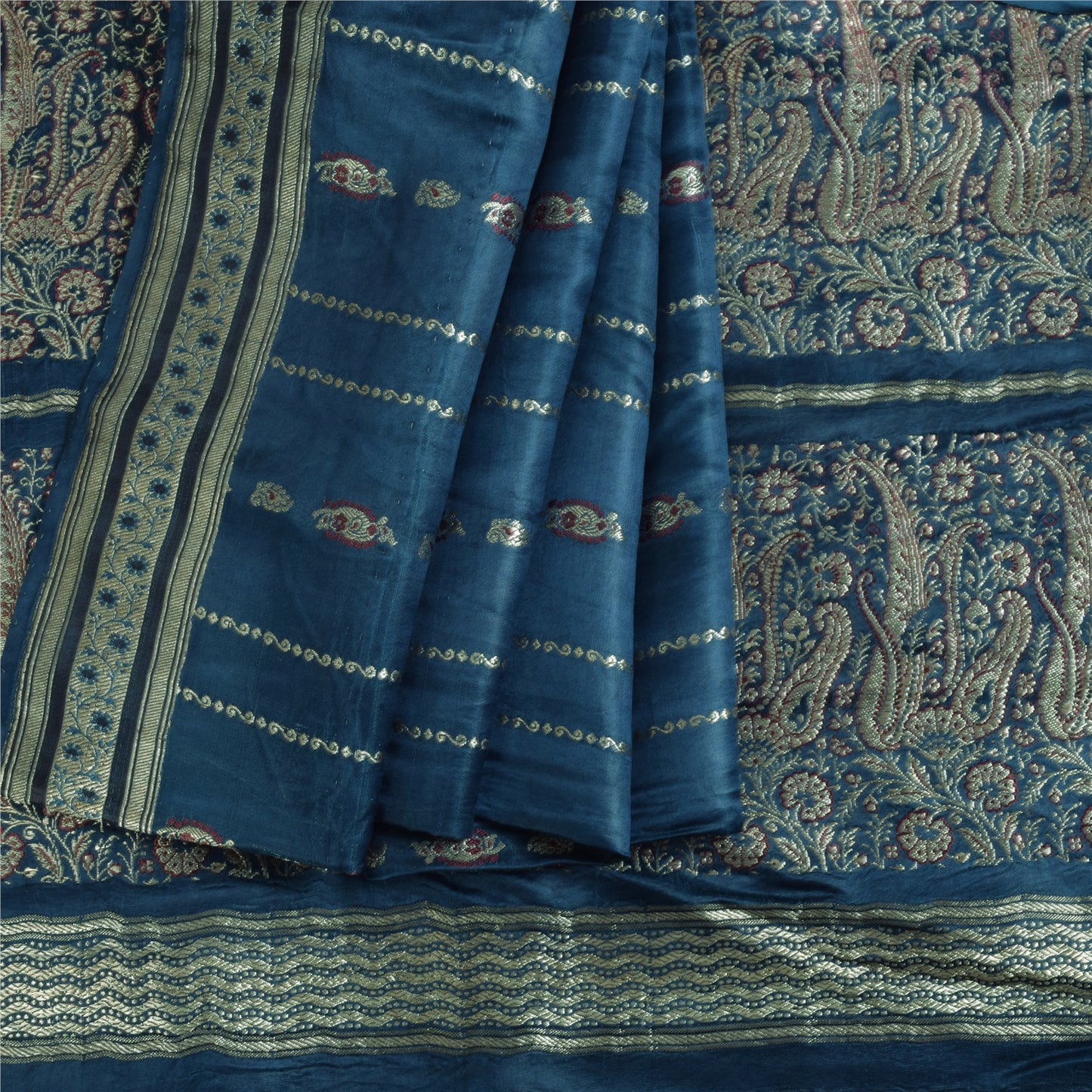 Sanskriti Vintage Teal Sarees Pure Satin Silk Woven Brocade/Banarasi Sari Fabric