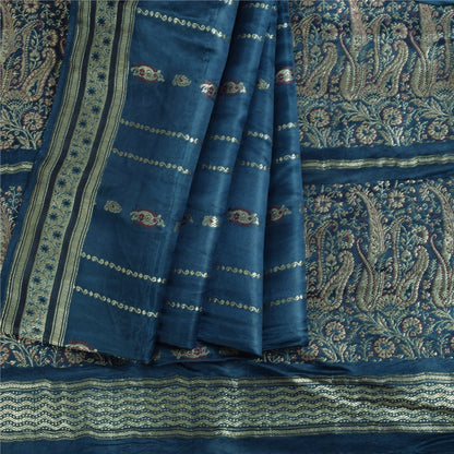 Sanskriti Vintage Teal Sarees Pure Satin Silk Woven Brocade/Banarasi Sari Fabric
