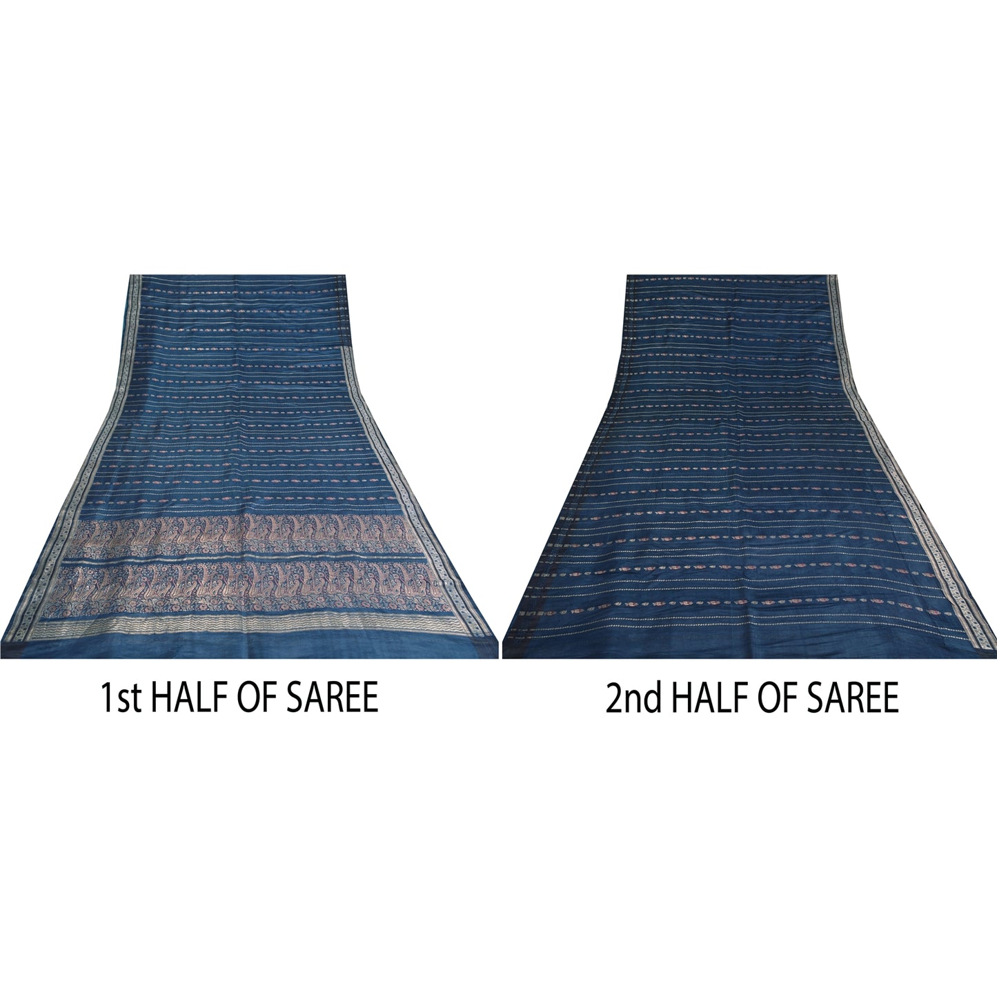 Sanskriti Vintage Teal Sarees Pure Satin Silk Woven Brocade/Banarasi Sari Fabric