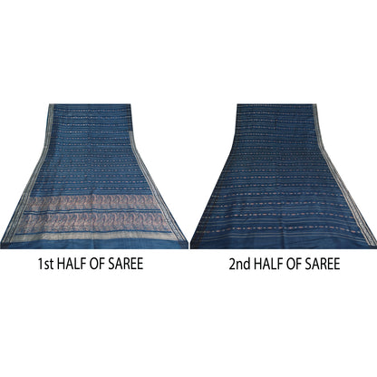 Sanskriti Vintage Teal Sarees Pure Satin Silk Woven Brocade/Banarasi Sari Fabric