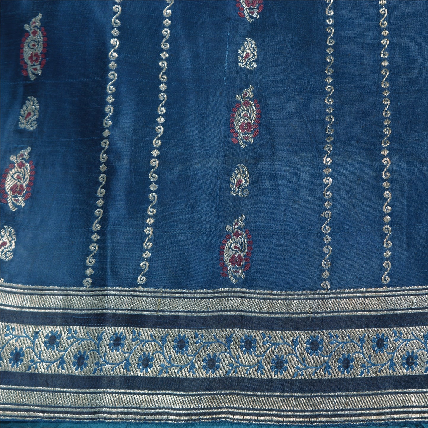 Sanskriti Vintage Teal Sarees Pure Satin Silk Woven Brocade/Banarasi Sari Fabric