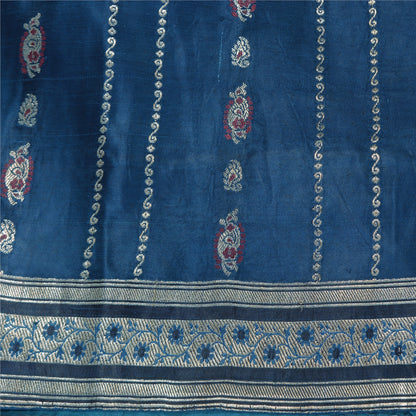 Sanskriti Vintage Teal Sarees Pure Satin Silk Woven Brocade/Banarasi Sari Fabric