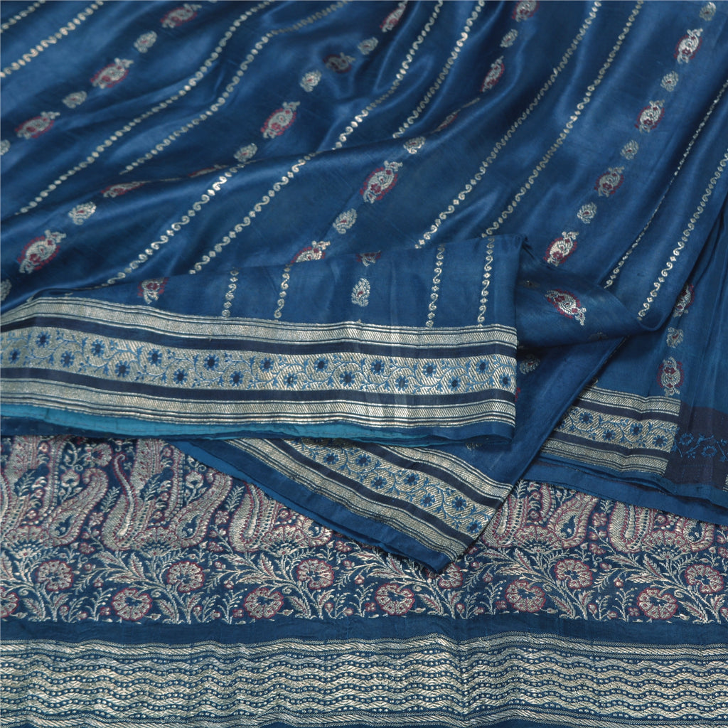 Sanskriti Vintage Teal Sarees Pure Satin Silk Woven Brocade/Banarasi Sari Fabric