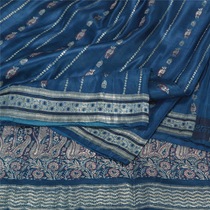 Sanskriti Vintage Teal Sarees Pure Satin Silk Woven Brocade/Banarasi Sari Fabric