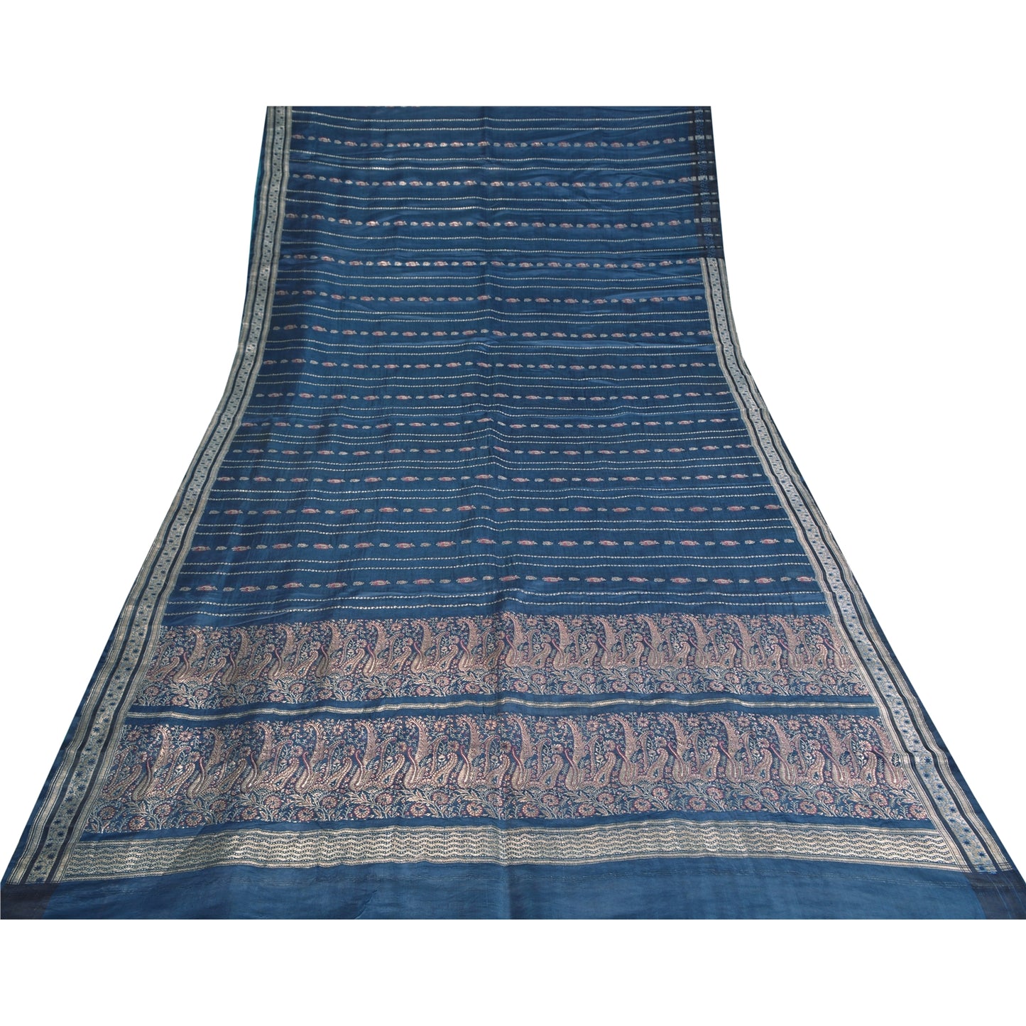 Sanskriti Vintage Teal Sarees Pure Satin Silk Woven Brocade/Banarasi Sari Fabric