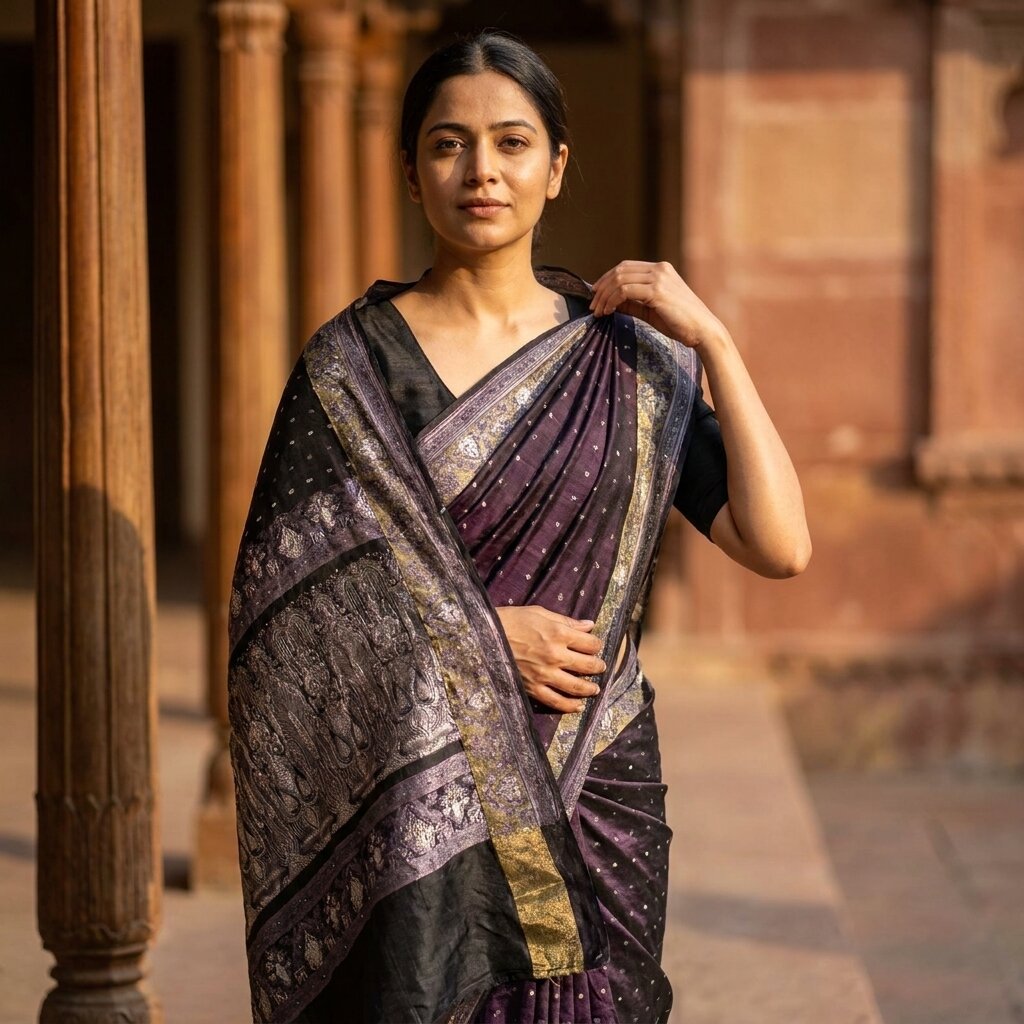 Sanskriti Vintage Blue Blend Satin Saree Banarasi Brocade Zari Hand-Woven Sari