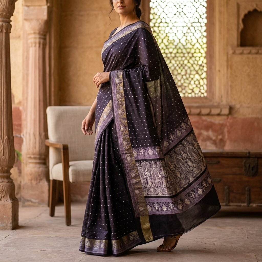 Sanskriti Vintage Blue Blend Satin Saree Banarasi Brocade Zari Hand-Woven Sari