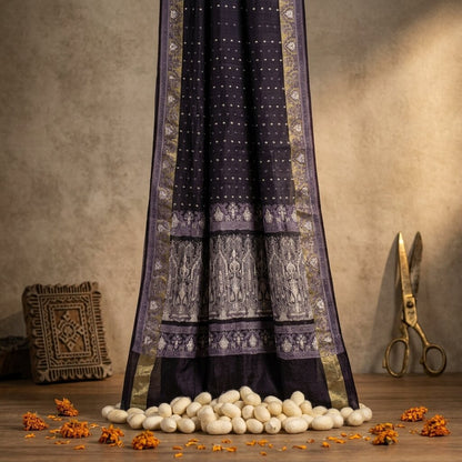 Sanskriti Vintage Blue Blend Satin Saree Banarasi Brocade Zari Hand-Woven Sari