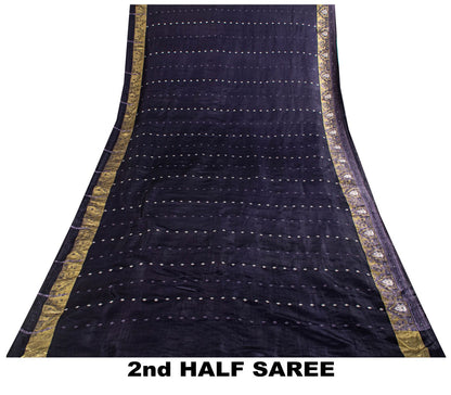 Sanskriti Vintage Blue Blend Satin Saree Banarasi Brocade Zari Hand-Woven Sari