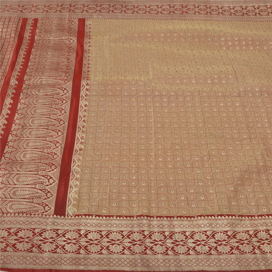 Sanskriti Vintage Red Saree 100% Pure Satin Silk 4.5YD Banarasi Brocade Wedding With Unstitched Blouse Light Brown/Red Zari Hand Woven