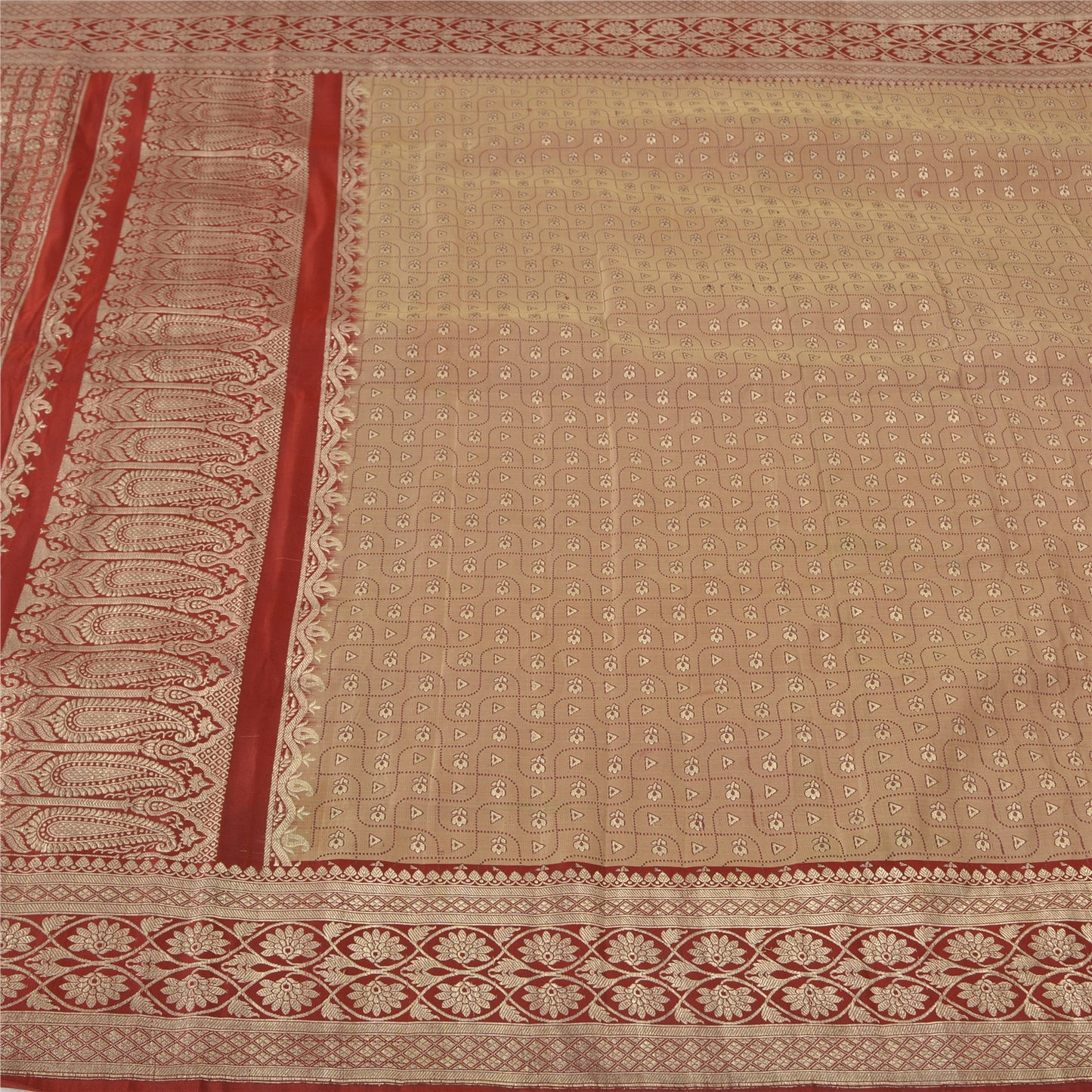 Sanskriti Vintage Red Sarees Pure Satin Brocade Banarasi ZariWoven Blouse PcSari