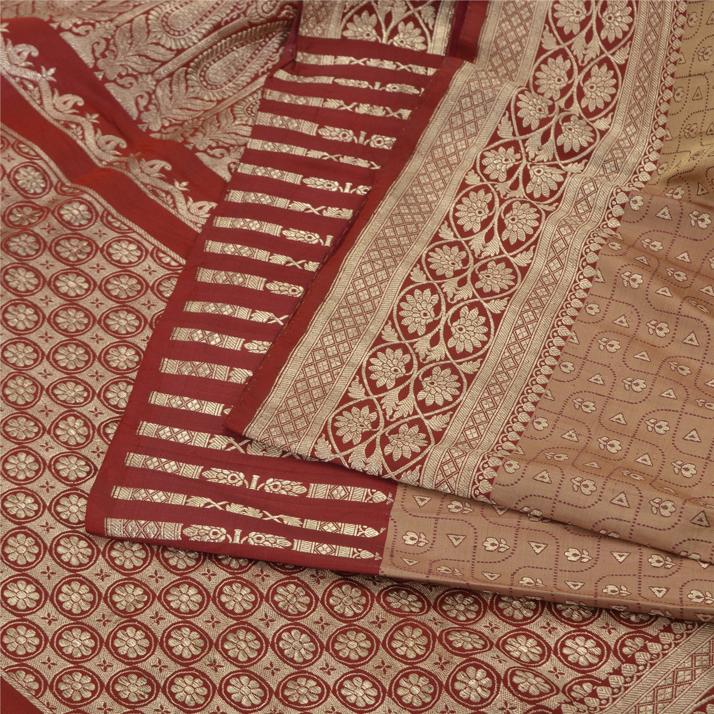 Sanskriti Vintage Red Sarees Pure Satin Brocade Banarasi ZariWoven Blouse PcSari