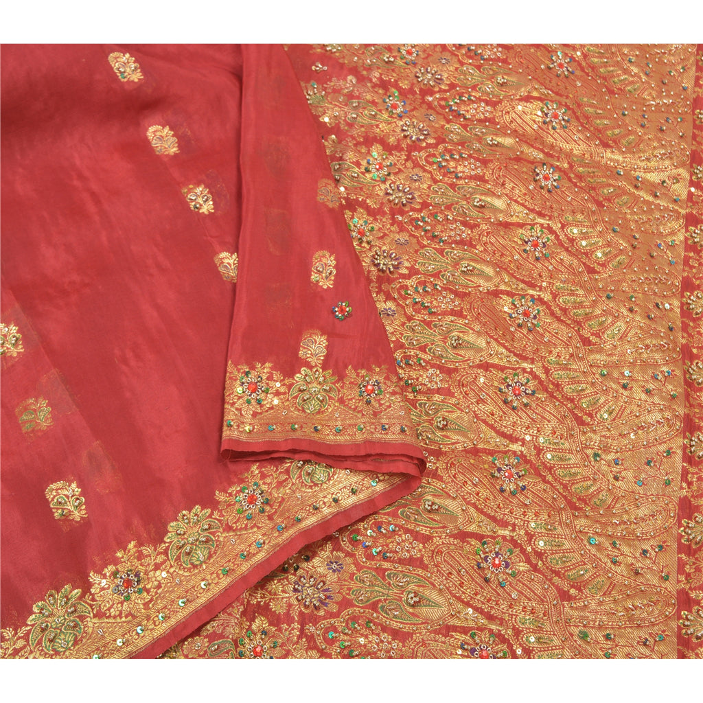 Sanskriti Vintage Red Sarees Pure Silk Beaded & Banarasi Woven Brocade 5YD Sari