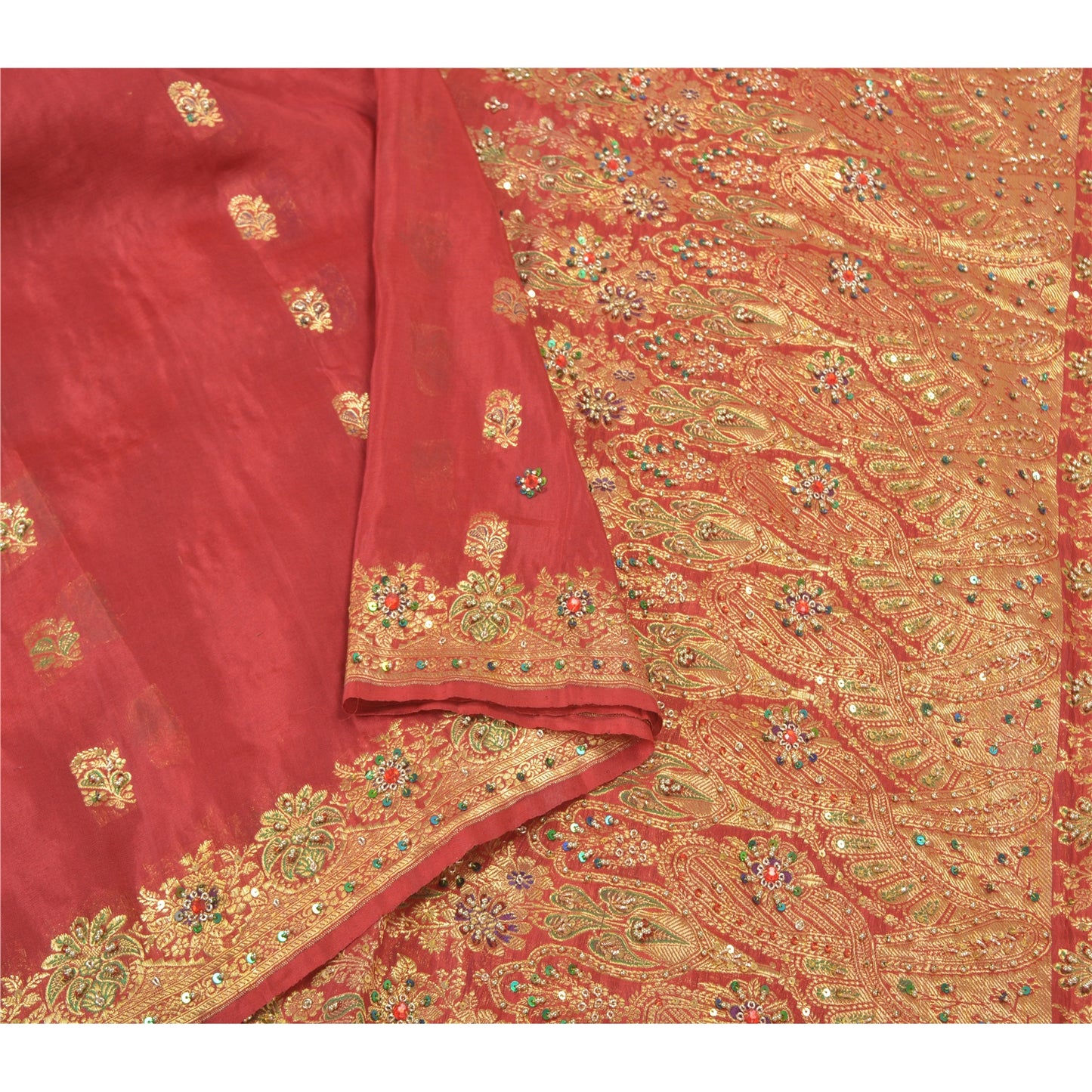 Sanskriti Vintage Red Sarees Pure Silk Beaded & Banarasi Woven Brocade 5YD Sari