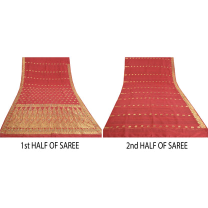 Sanskriti Vintage Red Sarees Pure Silk Beaded & Banarasi Woven Brocade 5YD Sari
