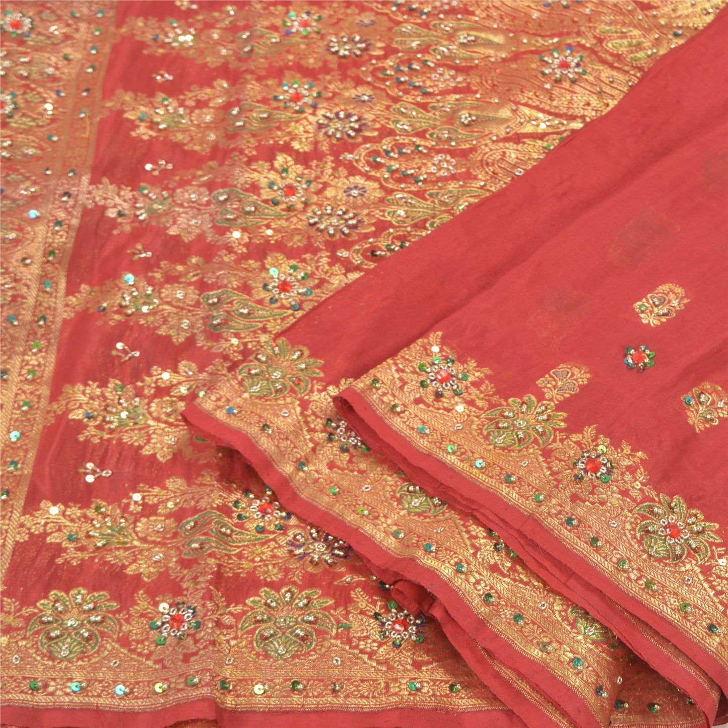 Sanskriti Vintage Red Sarees Pure Silk Beaded & Banarasi Woven Brocade 5YD Sari