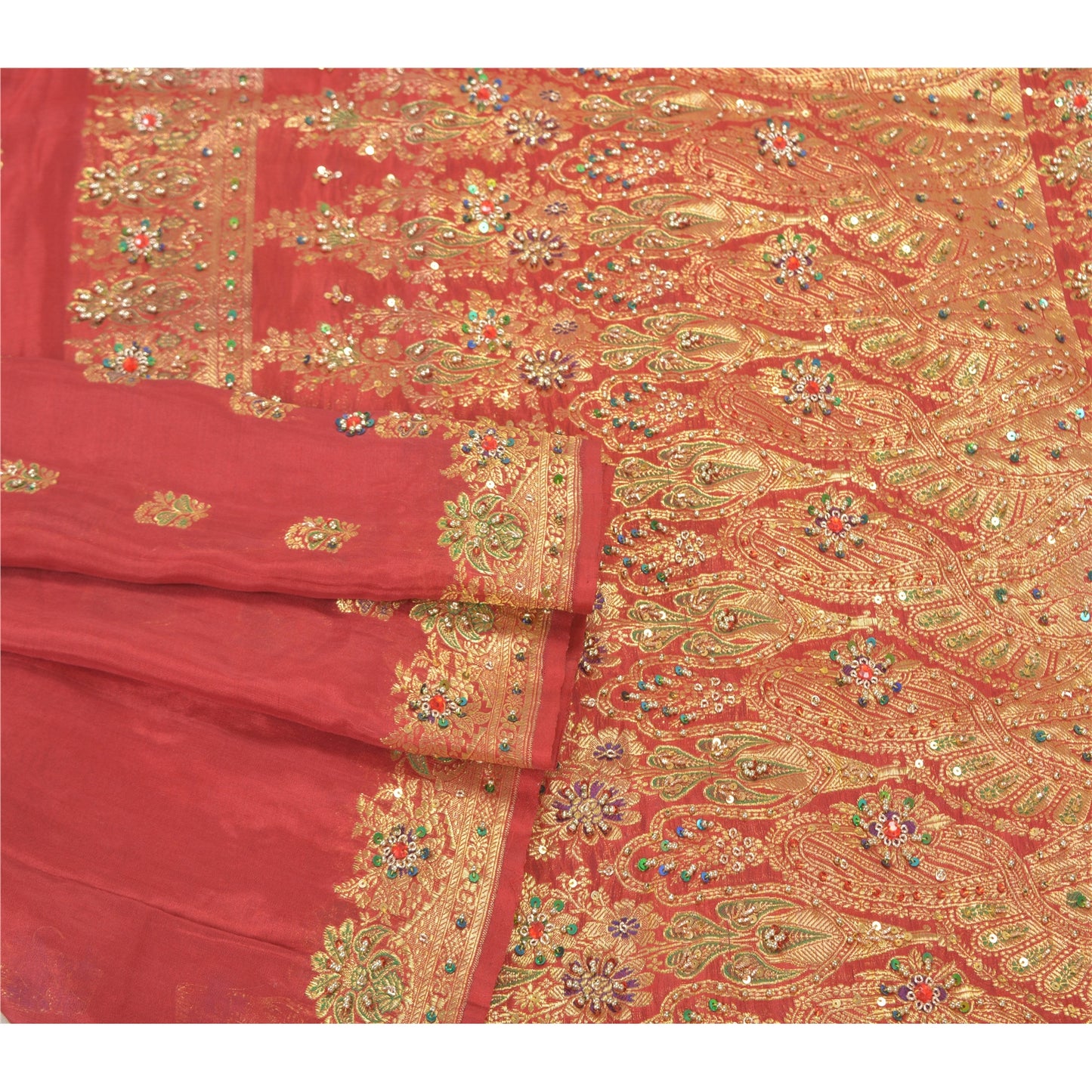 Sanskriti Vintage Red Sarees Pure Silk Beaded & Banarasi Woven Brocade 5YD Sari