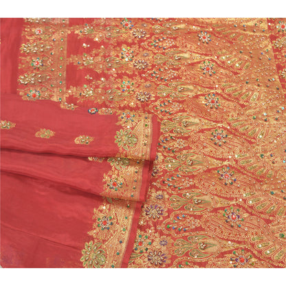 Sanskriti Vintage Red Sarees Pure Silk Beaded & Banarasi Woven Brocade 5YD Sari