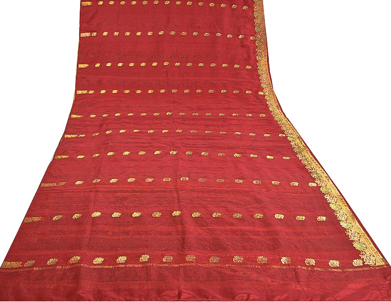Sanskriti Vintage Red Sarees Pure Silk Beaded & Banarasi Woven Brocade 5YD Sari