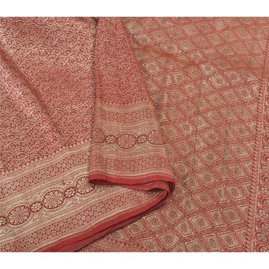 Sanskriti Vintage Red Wedding Sarees Pure Satin Silk Banarasi Woven Brocade Sari